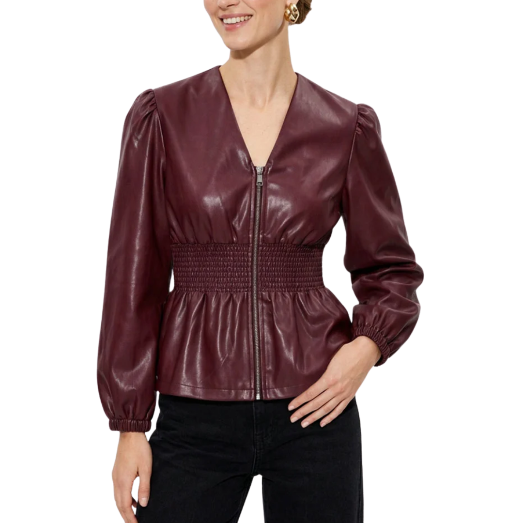 SADIE SMOCKED VEGAN LEATHER BLOUSE WINE
