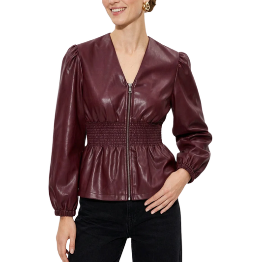SADIE SMOCKED VEGAN LEATHER BLOUSE WINE