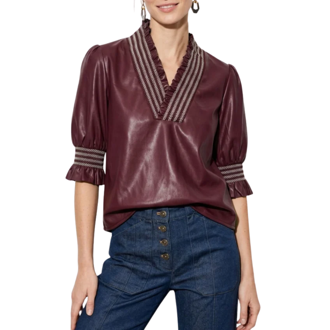 RUBY RUFFLE VEGAN LEATHER BLOUSE WINE