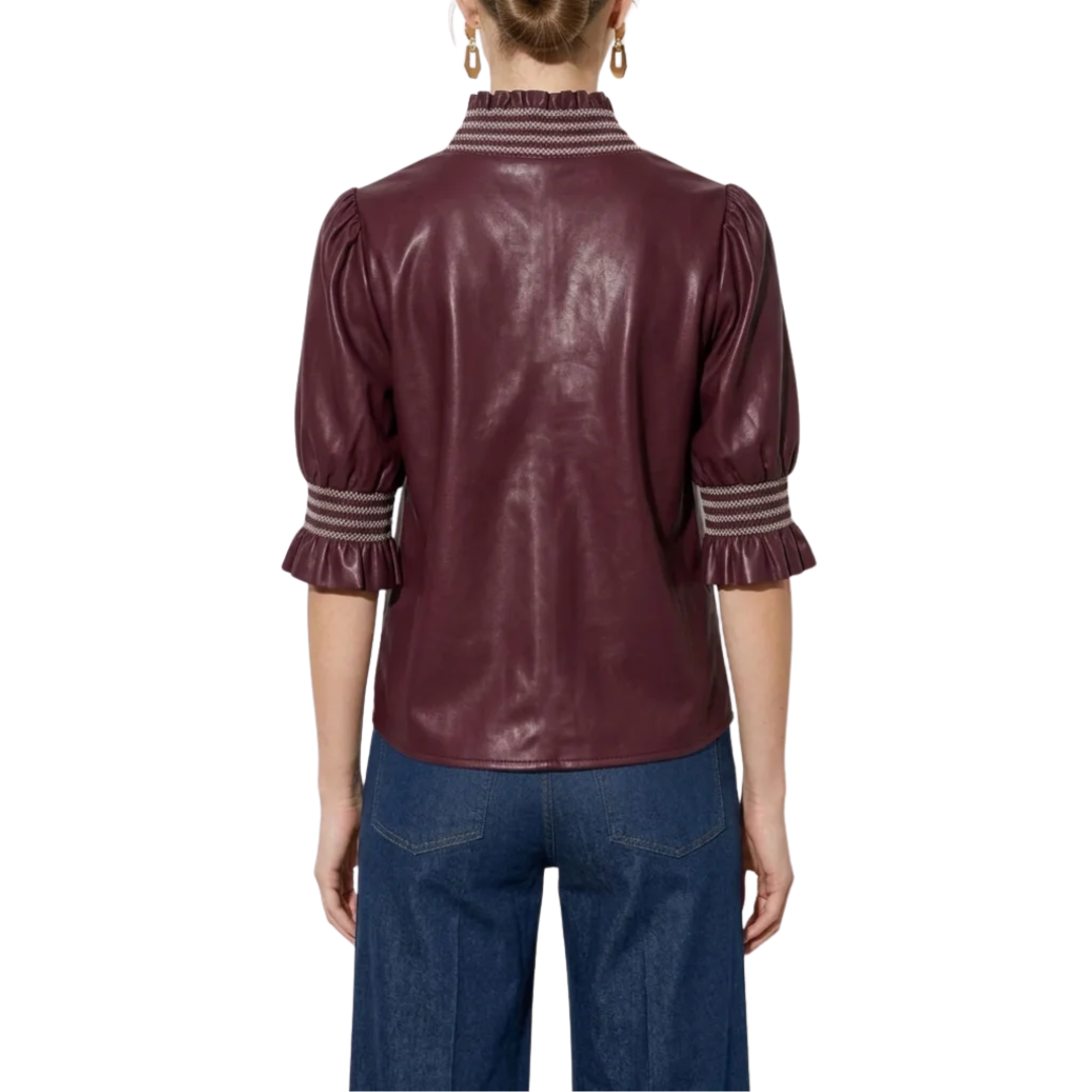 RUBY RUFFLE VEGAN LEATHER BLOUSE WINE