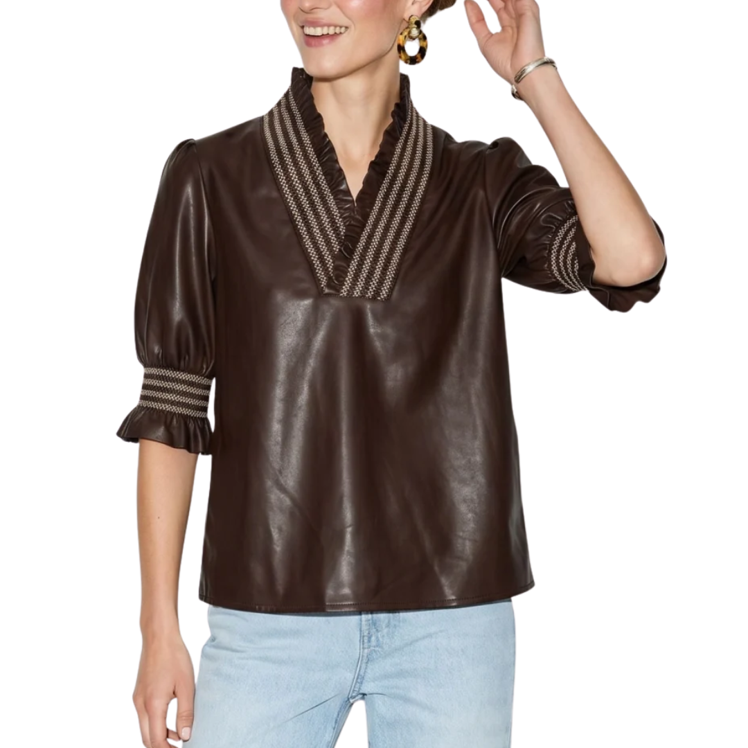 RUBY RUFFLE VEGAN LEATHER BLOUSE CHOCOLATE