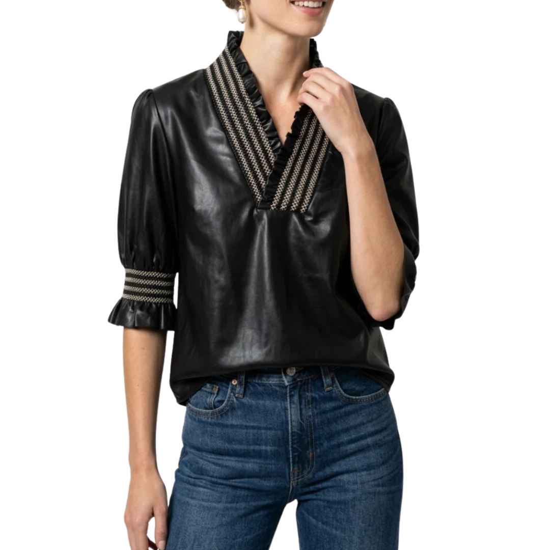 RUBY RUFFLE VEGAN LEATHER BLOUSE BLACK