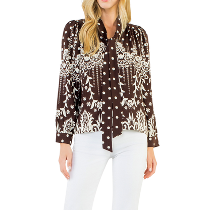 LONG SLEEVE TIE NECK TOP BROWN