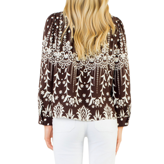 LONG SLEEVE TIE NECK TOP BROWN