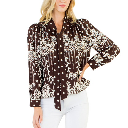 LONG SLEEVE TIE NECK TOP BROWN