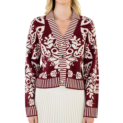 GARDEN PRINT V-NECK CARDIGAN WINE