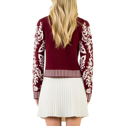GARDEN PRINT V-NECK CARDIGAN WINE