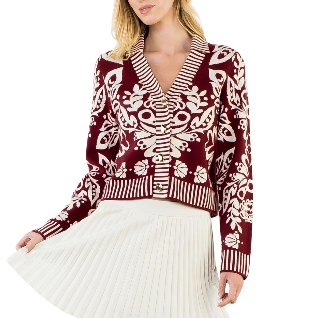 GARDEN PRINT V-NECK CARDIGAN WINE