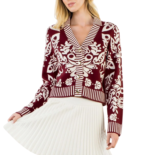 GARDEN PRINT V-NECK CARDIGAN WINE