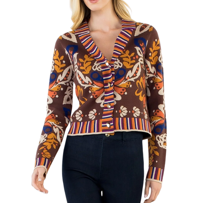 GARDEN PRINT V-NECK CARDIGAN BROWN