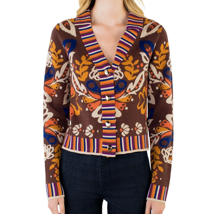 GARDEN PRINT V-NECK CARDIGAN BROWN