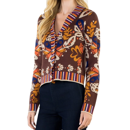 GARDEN PRINT V-NECK CARDIGAN BROWN