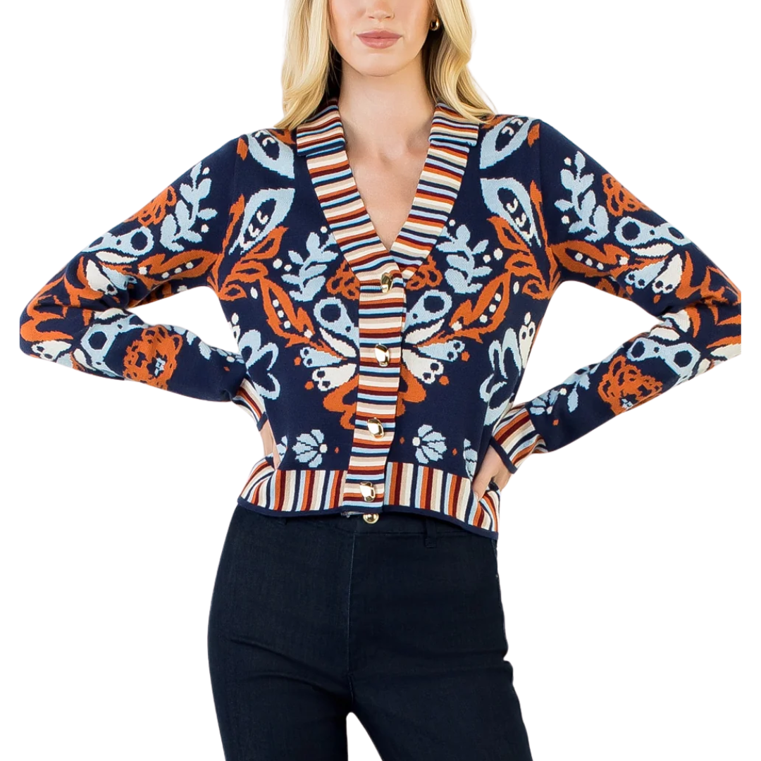 GARDEN PRINT V-NECK CARDIGAN NAVY
