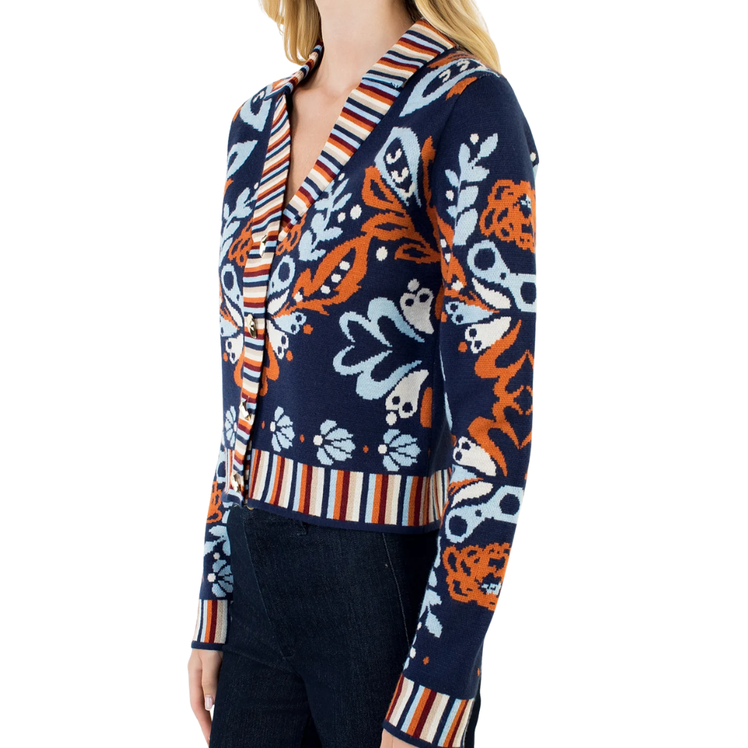 GARDEN PRINT V-NECK CARDIGAN NAVY