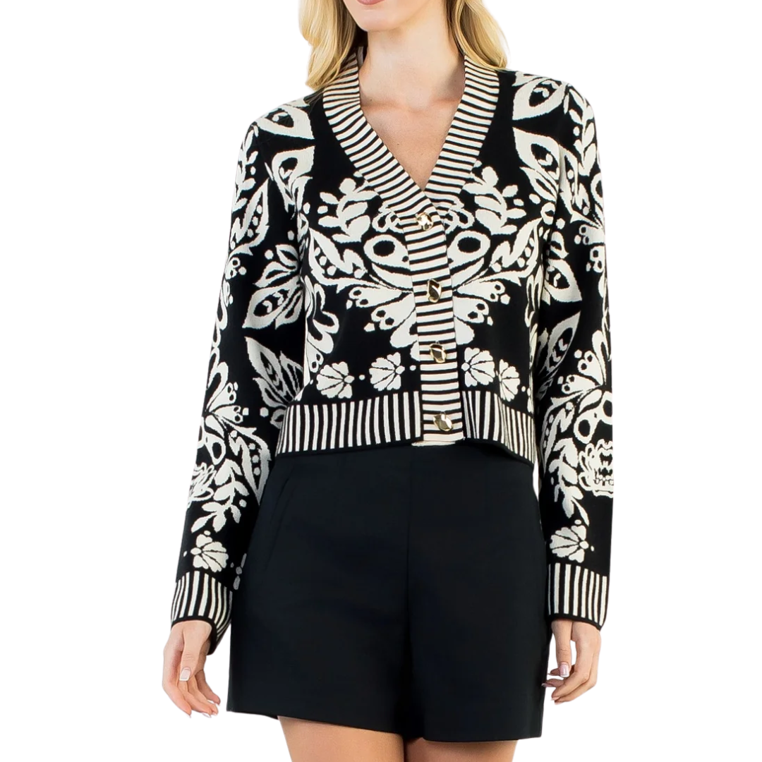 GARDEN PRINT V-NECK CARDIGAN BLACK