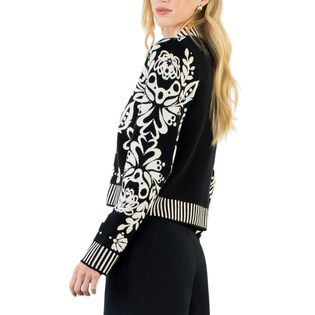 GARDEN PRINT V-NECK CARDIGAN BLACK