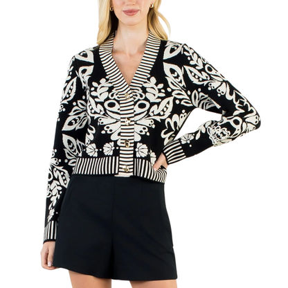 GARDEN PRINT V-NECK CARDIGAN BLACK