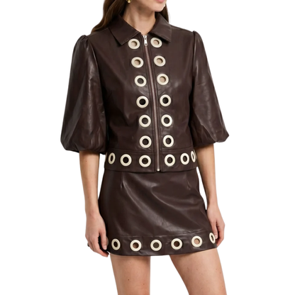 DONNA VEGAN LEATHER GROMMET JACKET CHOCOLATE