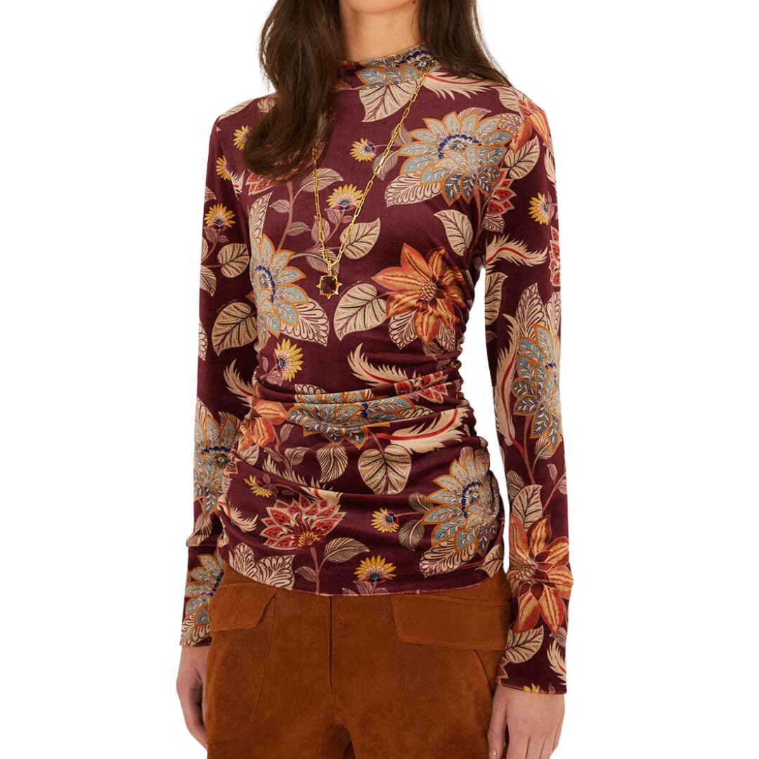 DELHI VELVET JERSEY BLOUSE FLORAL BURGUNDY