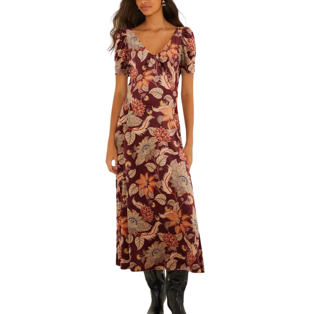 DELHI VELVET MAXI DRESS FLORAL BURGUNDY