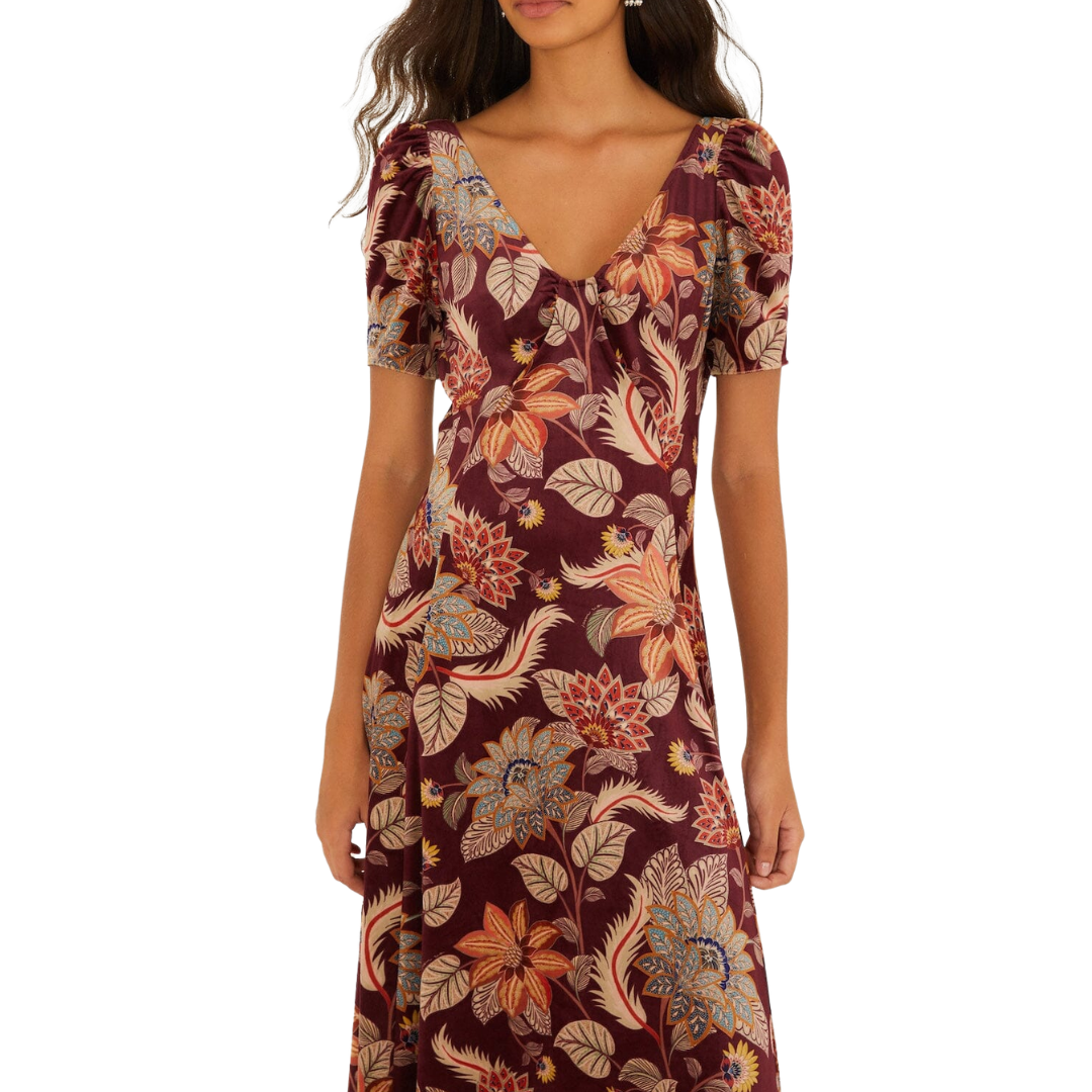 DELHI VELVET MAXI DRESS FLORAL BURGUNDY