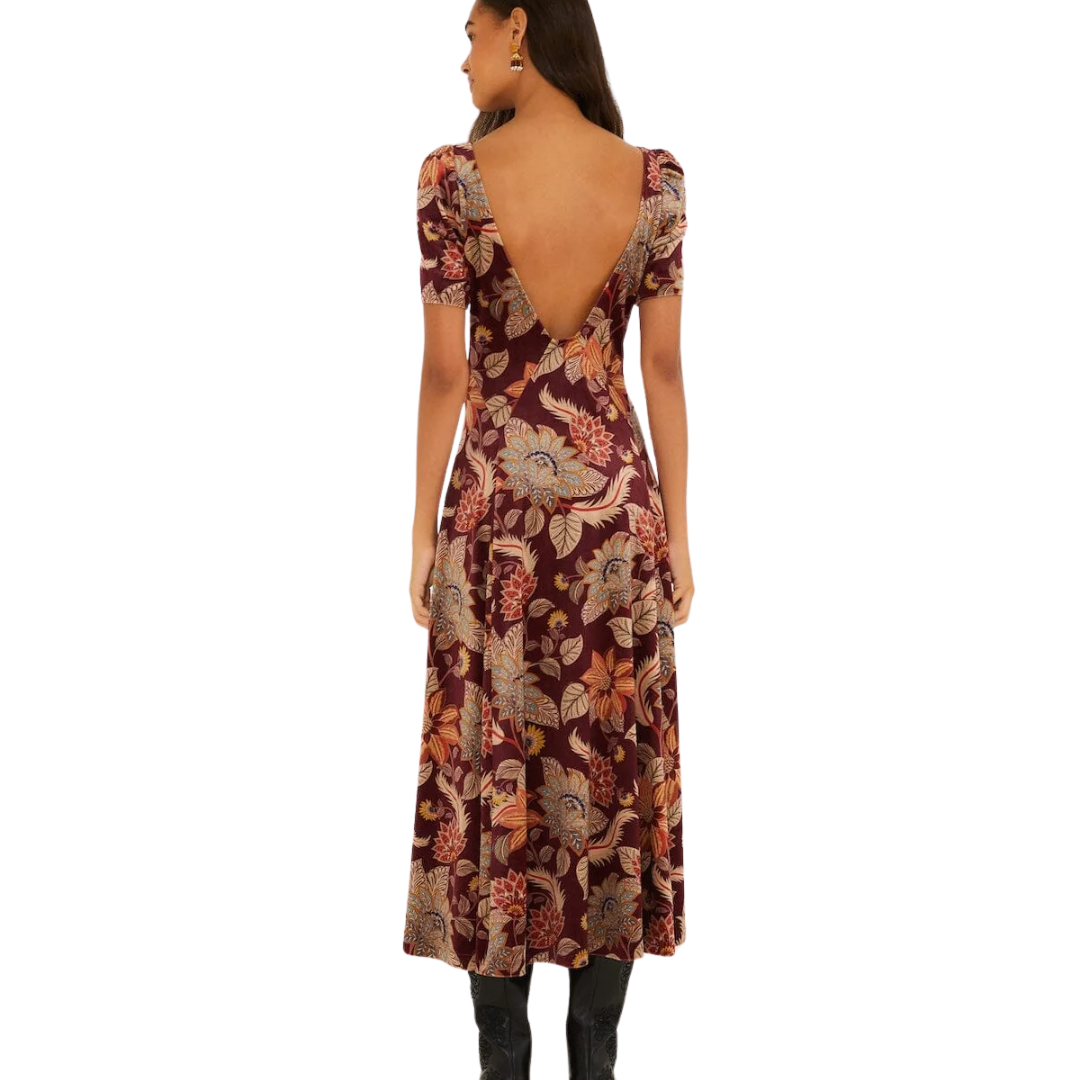 DELHI VELVET MAXI DRESS FLORAL BURGUNDY