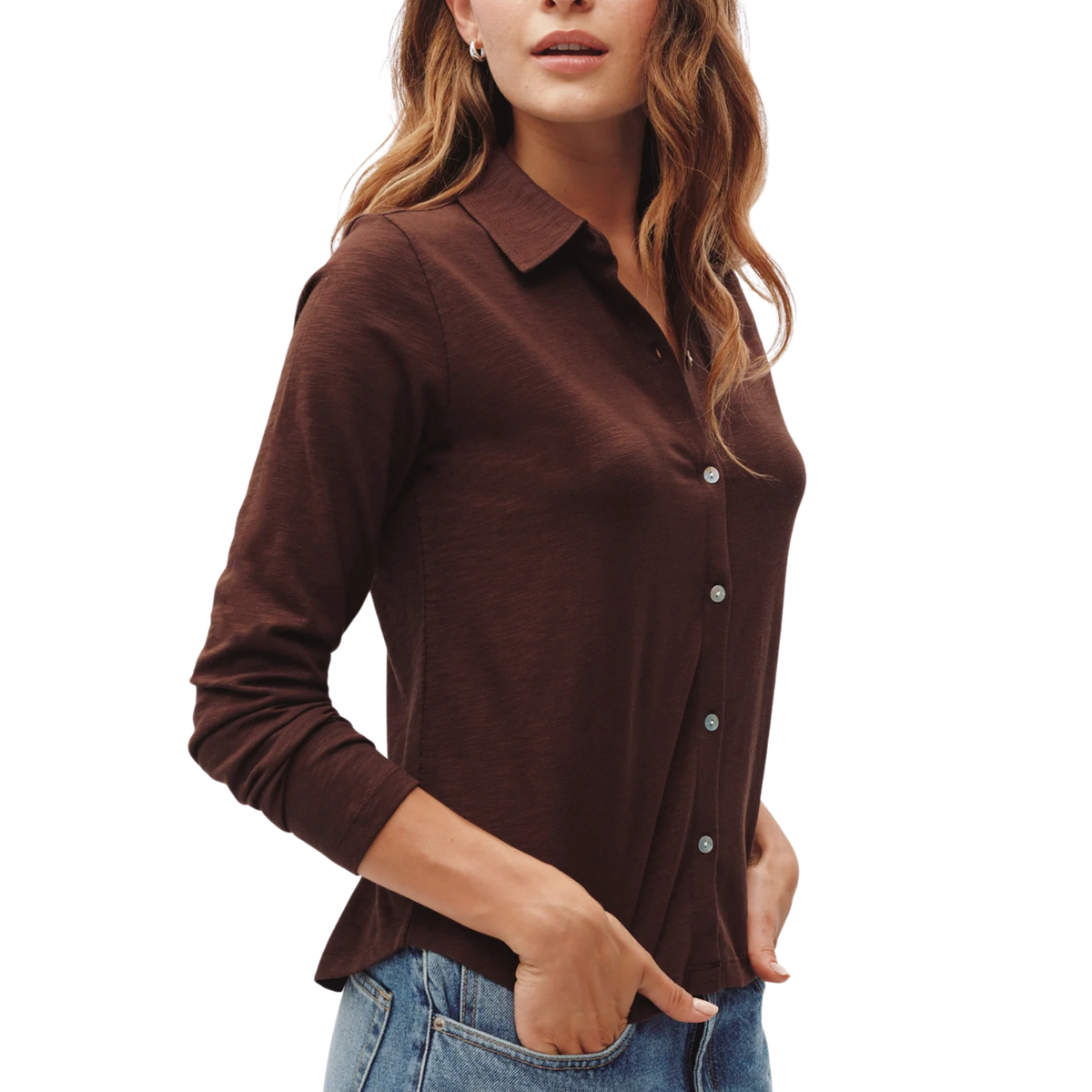 BUTTON UP KNIT TOP DARK CHESTNUT