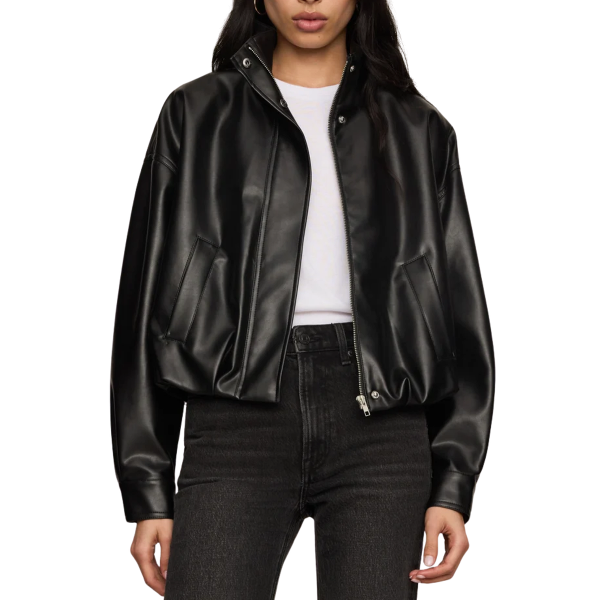 CORIN BUBBLE HEM FAUX LEATHER JACKET BLACK