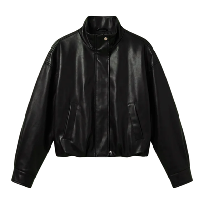 CORIN BUBBLE HEM FAUX LEATHER JACKET BLACK