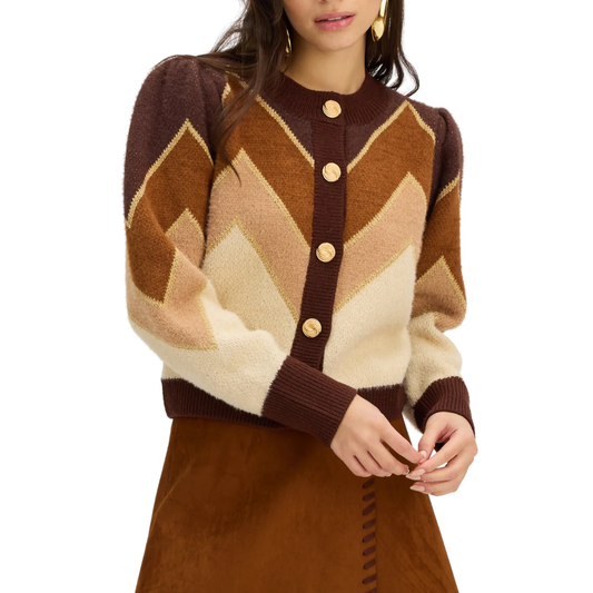 FUZZY CHEVRON CARDIGAN BROWN MULTI