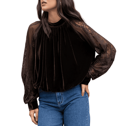 VIENNA VELVET LACE SLEEVE BLOUSE CHOCOLATE