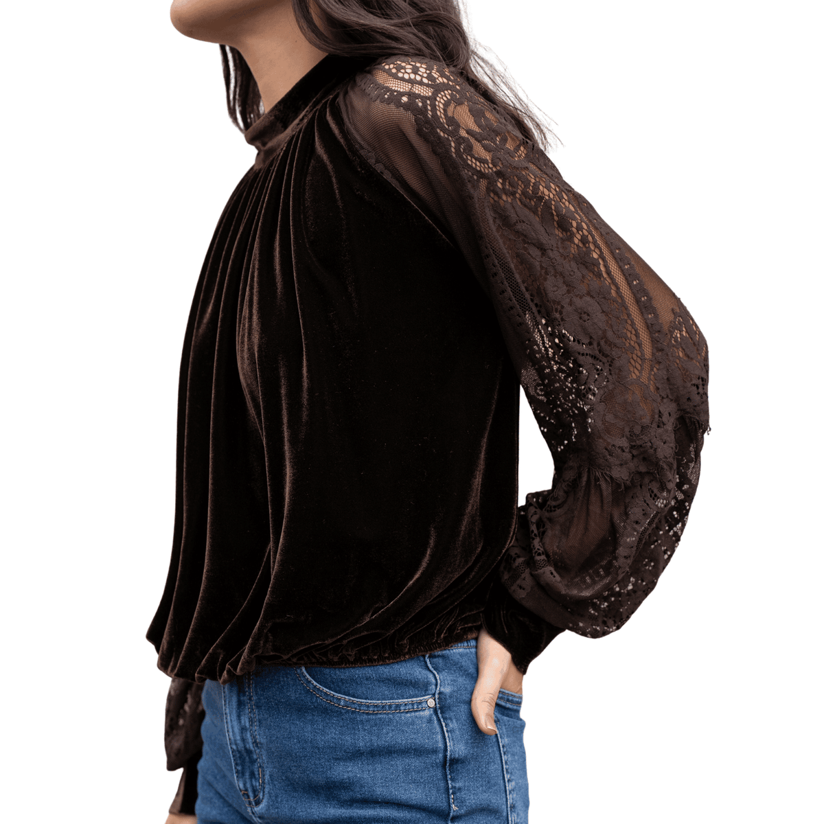 VIENNA VELVET LACE SLEEVE BLOUSE CHOCOLATE