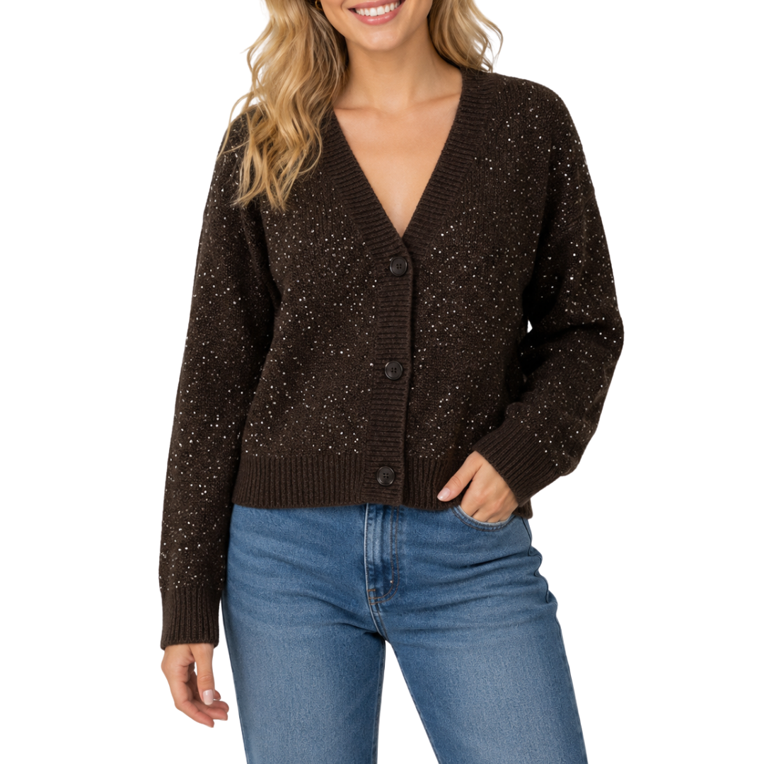 TINSLEY SPARKLING V-NECK CARDIGAN BROWN