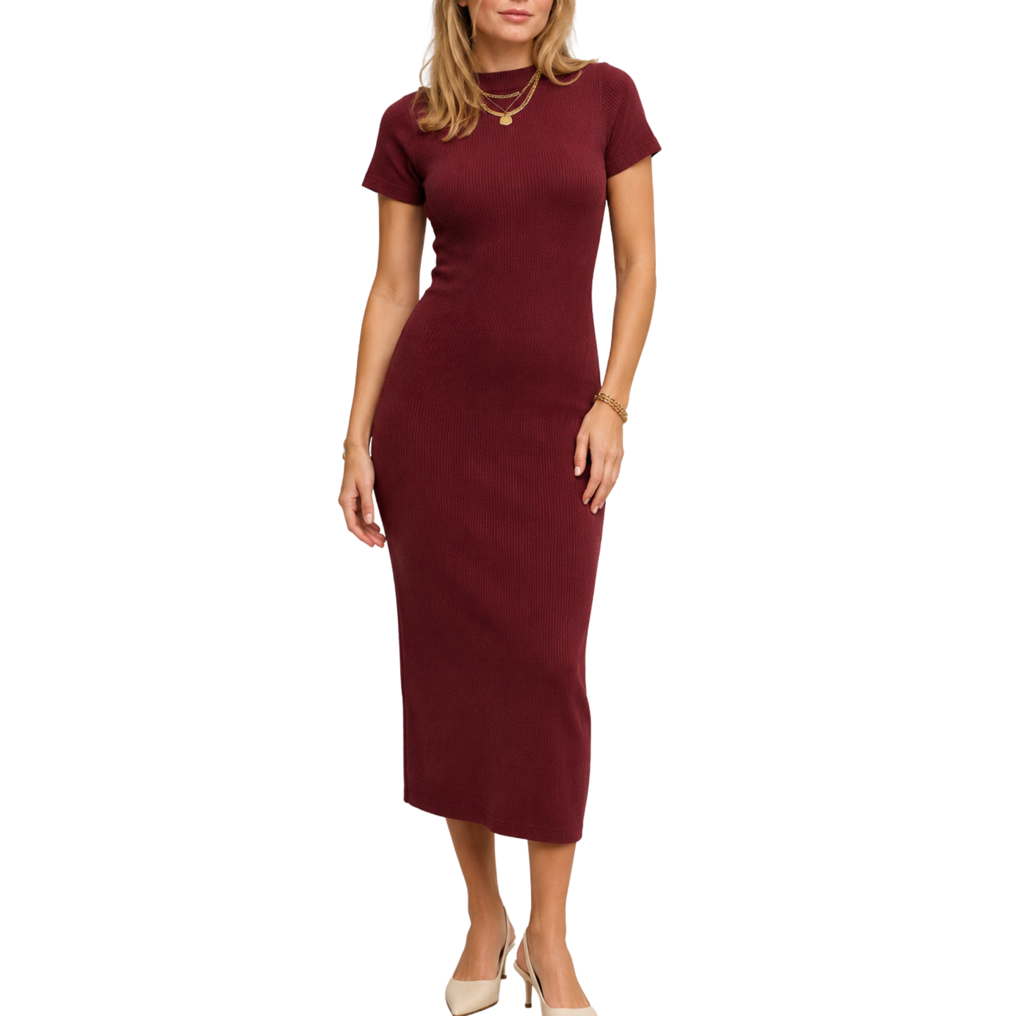 SHORT SLEEVE KNIT MIDI DRESS BURGUNDY