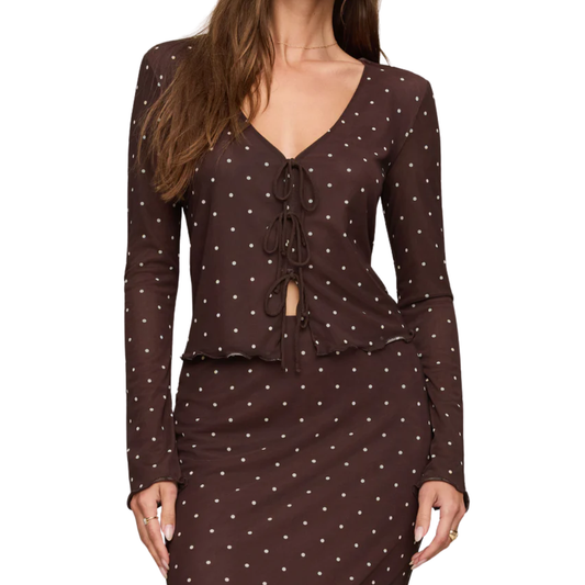 AMARA POLKA DOT MESH TOP DARK CHOCOLATE
