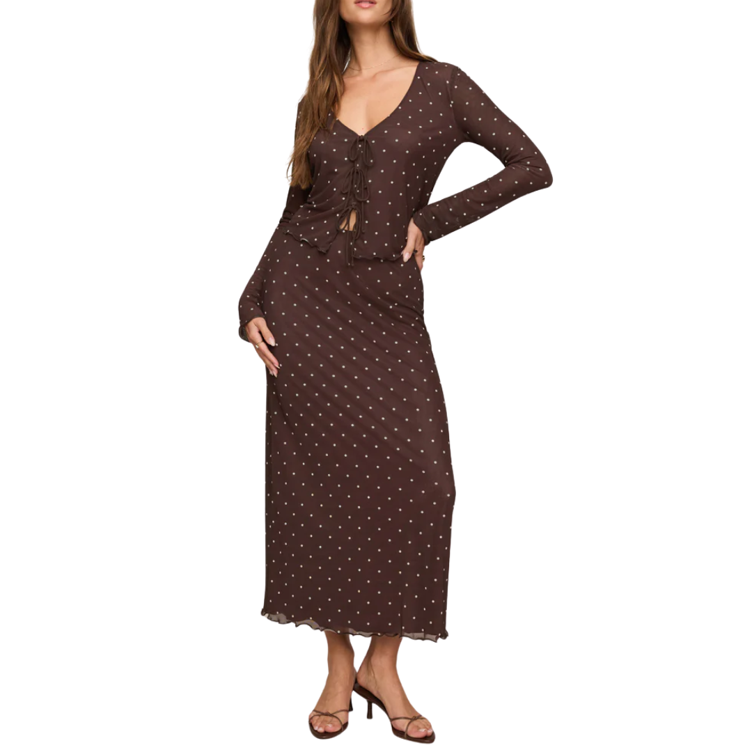 AMARA POLKA DOT MESH TOP DARK CHOCOLATE