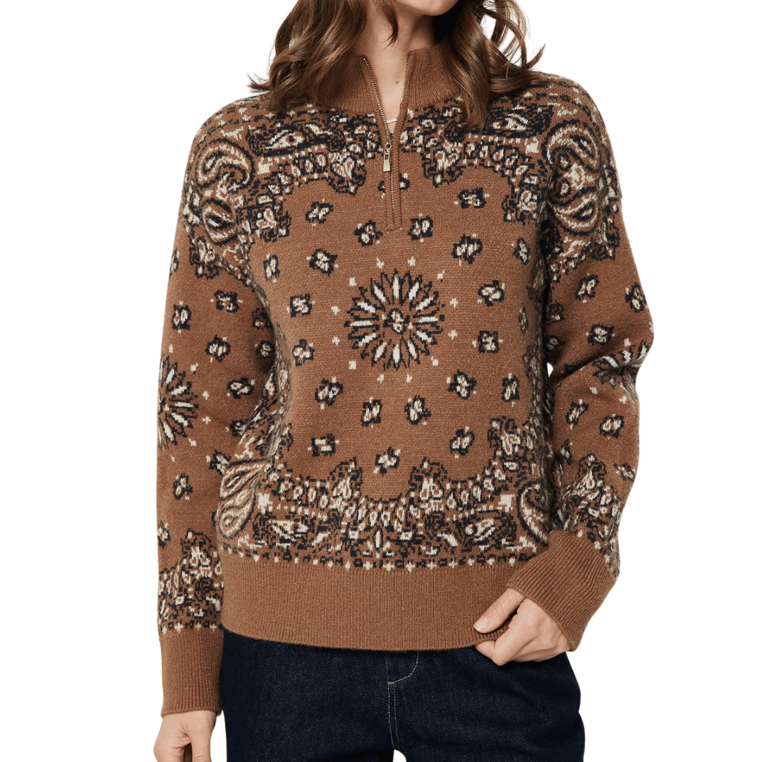 PAISLEY HALF ZIP SWEATER CARAMEL