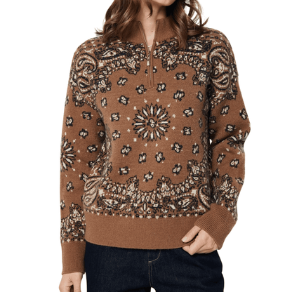 PAISLEY HALF ZIP SWEATER CARAMEL