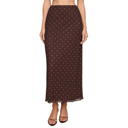 EDA POLKA DOT MESH MIDI SKIRT DARK CHOCOLATE