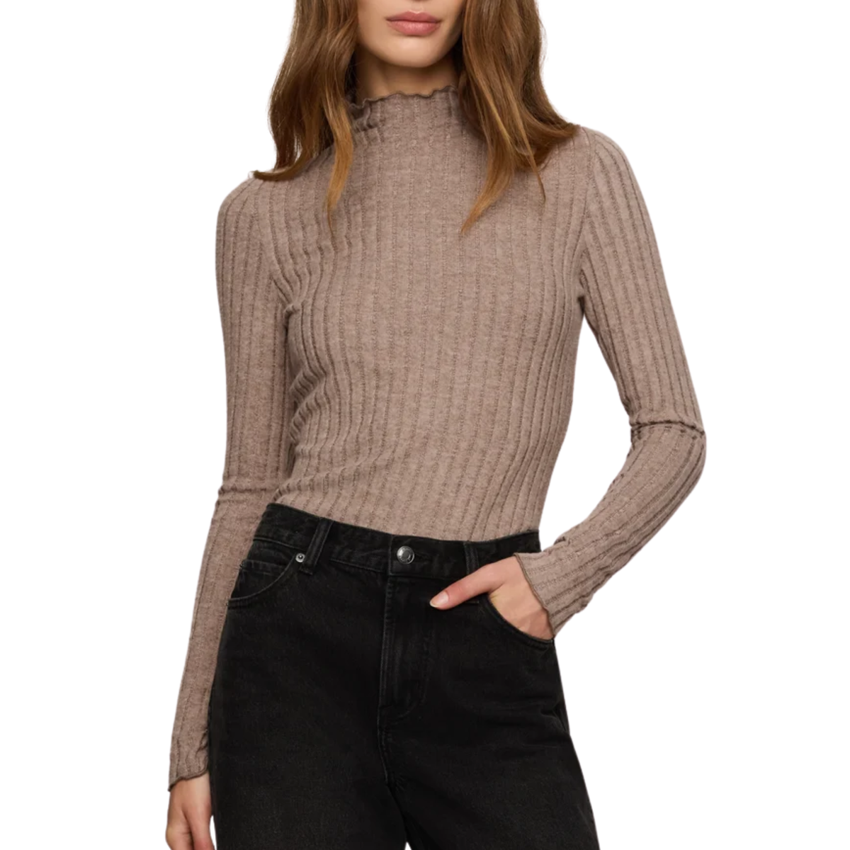 HATTIE SILKY RIB MOCK NECK TOP HEATHER ASH