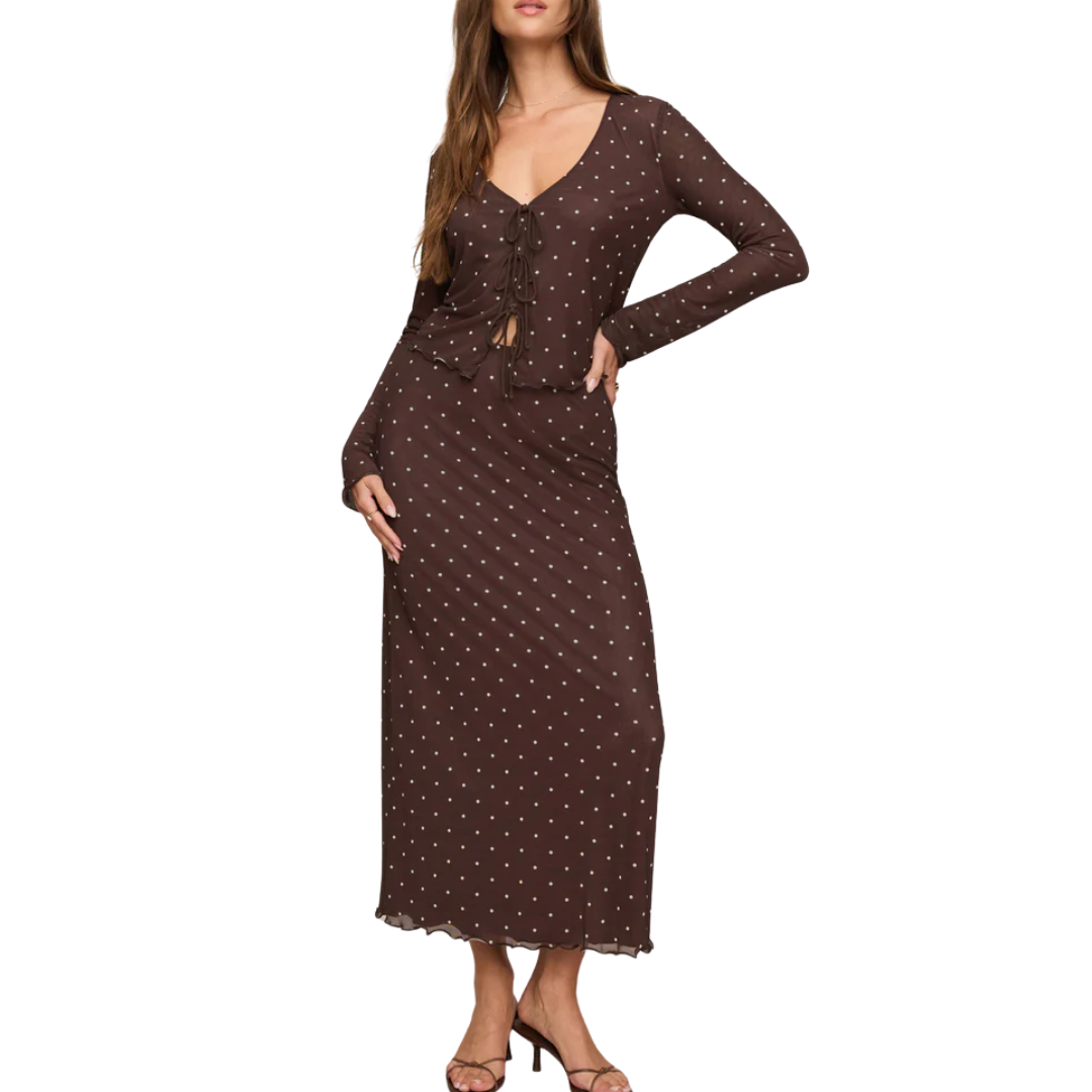 EDA POLKA DOT MESH MIDI SKIRT DARK CHOCOLATE