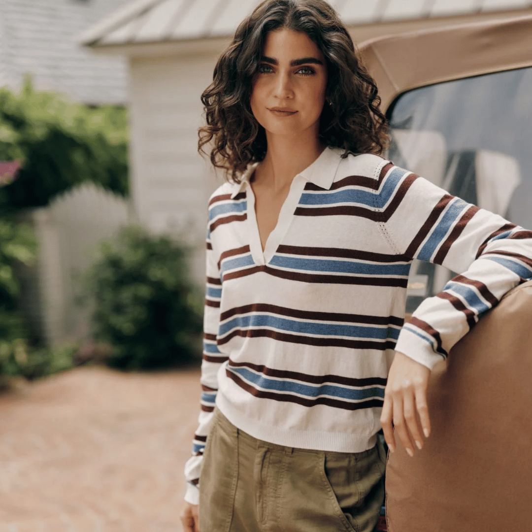 PLACKET PULLOVER SWEATER GARNET STRIPE