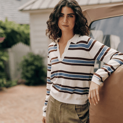 PLACKET PULLOVER SWEATER GARNET STRIPE
