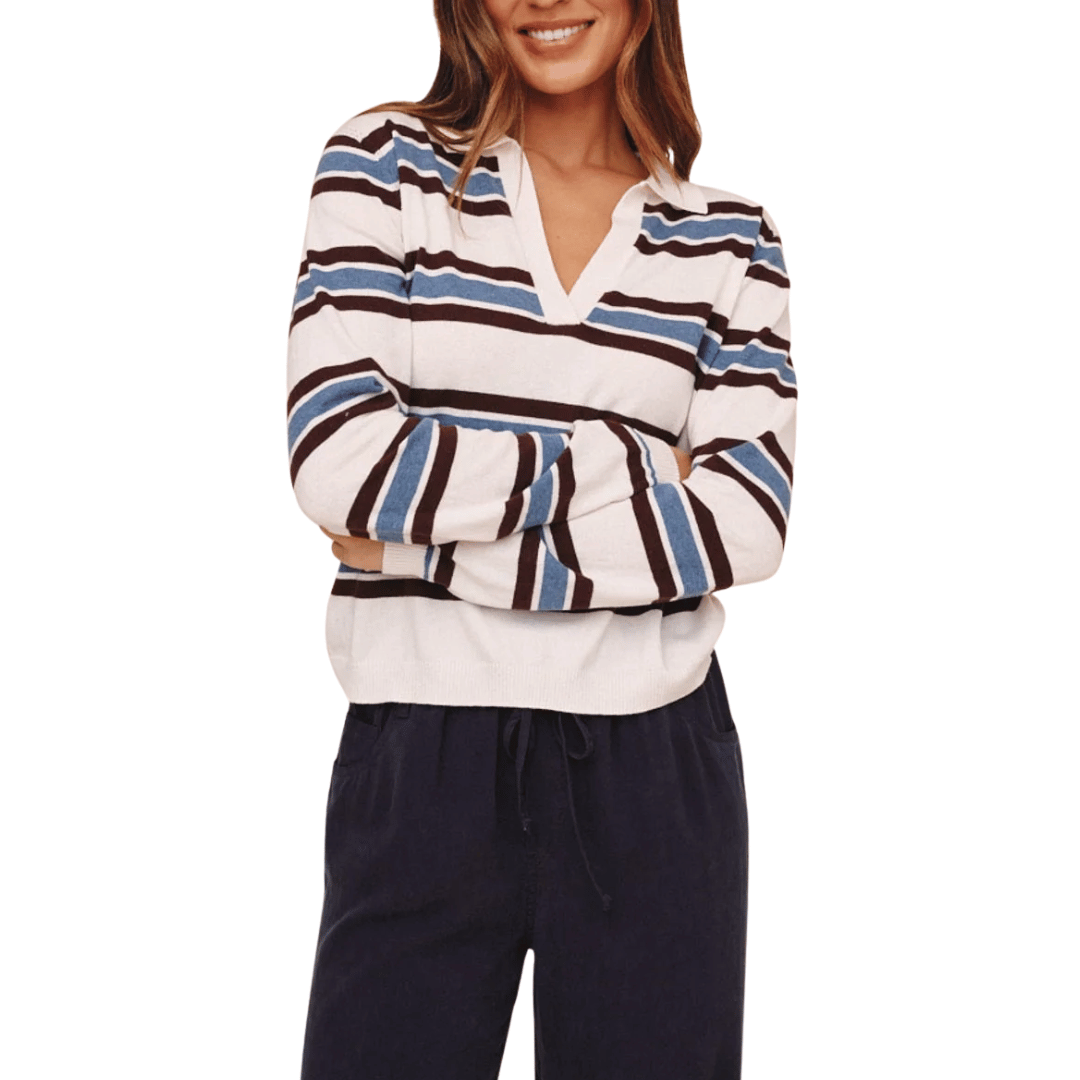 PLACKET PULLOVER SWEATER GARNET STRIPE