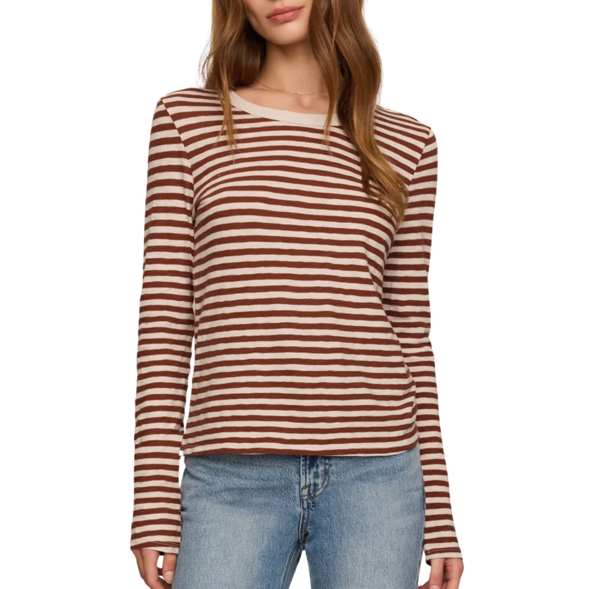 JUNIE LONG SLEEVE STRIPE SLUB TEE DARK ROSEWOOD