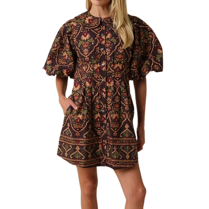 BELEN PAISLEY MINI DRESS CHOCOLATE